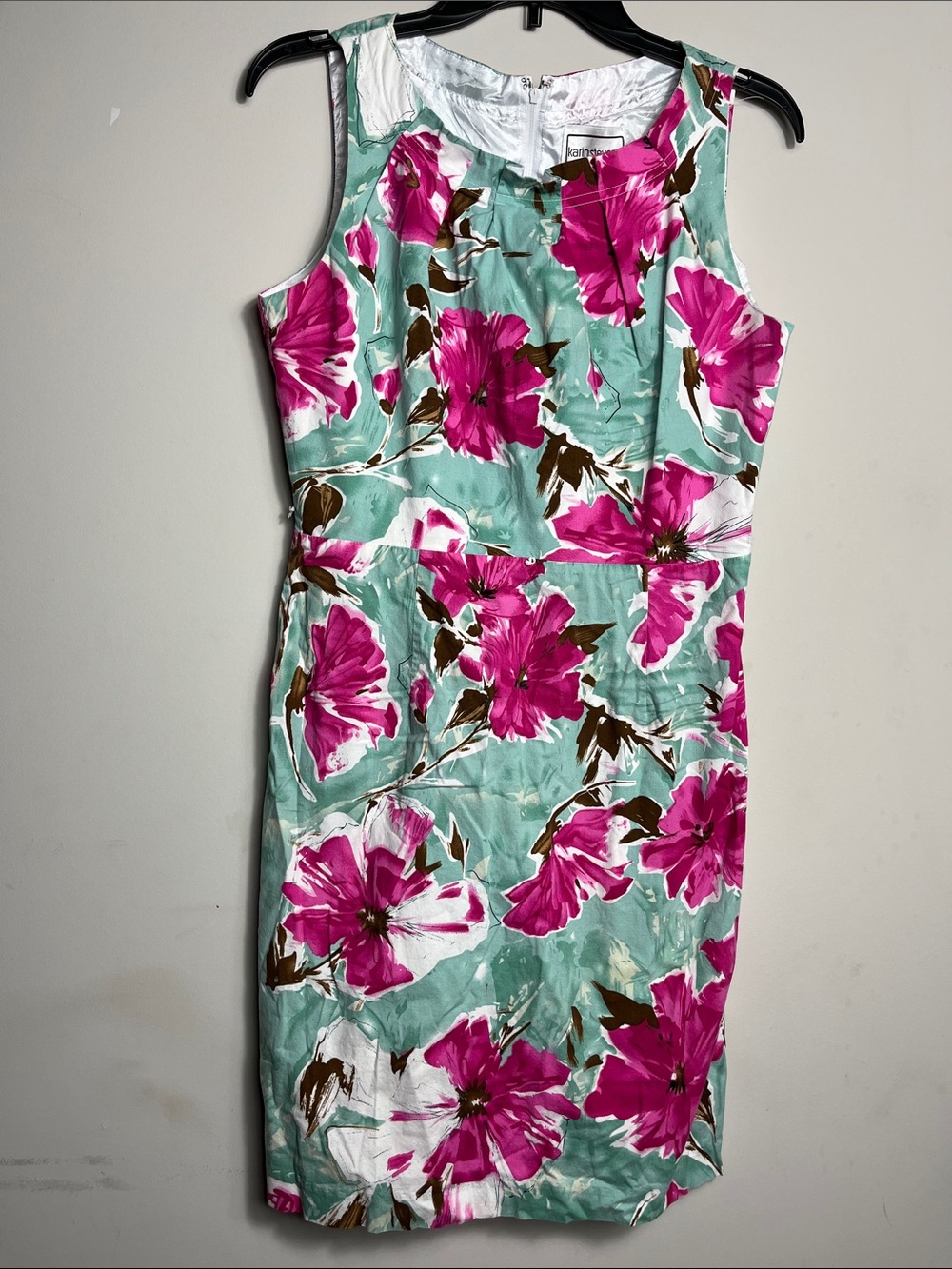 Karin Stevens Petites Floral Sheath Dress 10P | Pink Green Sleeveless